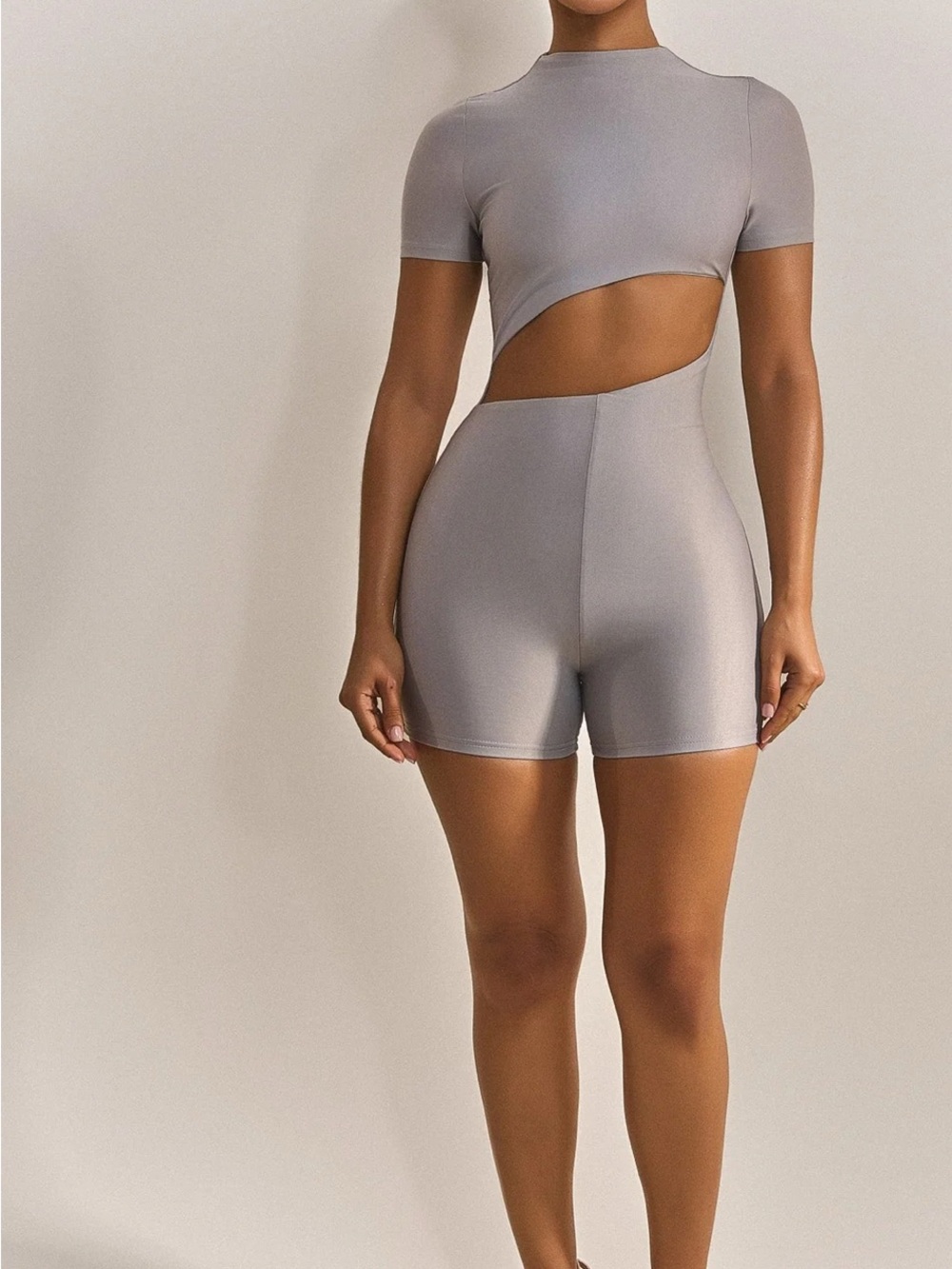 Cutout High-Waist Biker Romper in Light Gray
